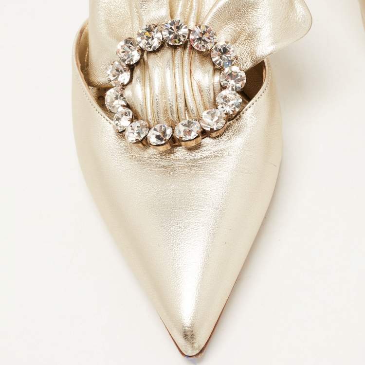 Pre Owned Manolo Blahnik Metallic Gold Leather Crystal Embellished Mules Size 38.5     