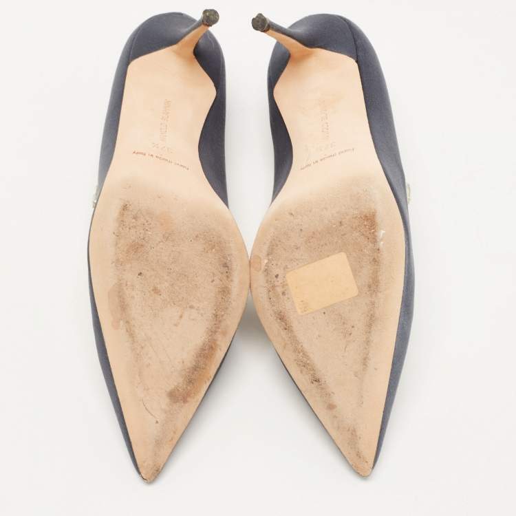 Pre Owned Manolo Blahnik Dark Grey Satin Nadira Pumps Size 37.5