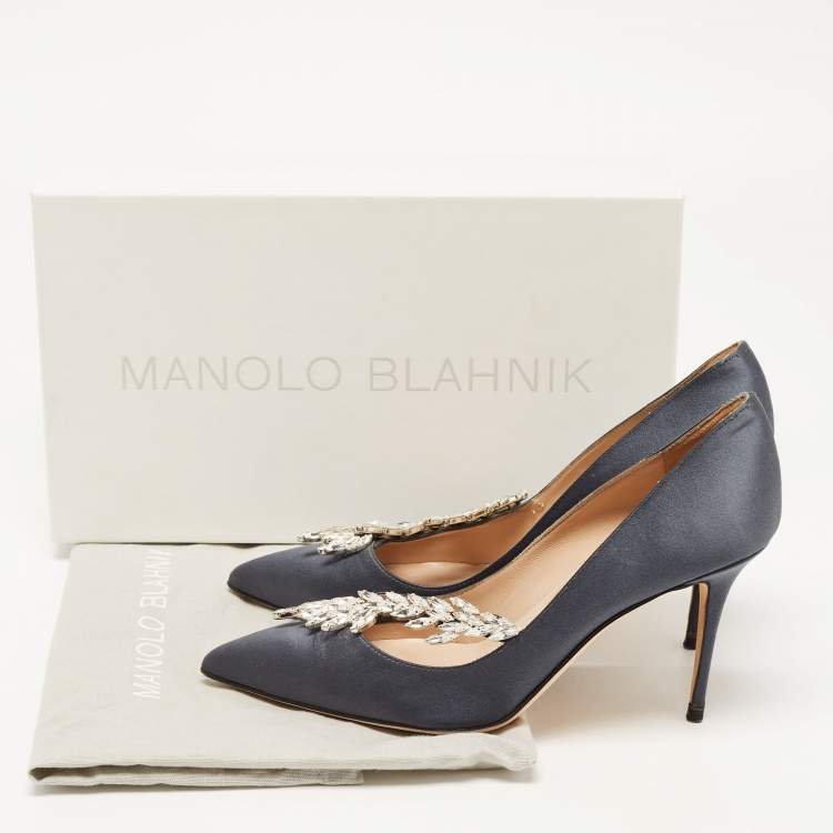 Pre Owned Manolo Blahnik Dark Grey Satin Nadira Pumps Size 37.5