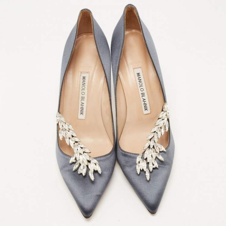 Pre Owned Manolo Blahnik Dark Grey Satin Nadira Pumps Size 37.5