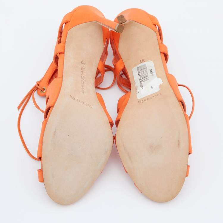 Pre Owned Manolo Blahnik Orange Fabric Cut Out Strappy Sandals Size 37