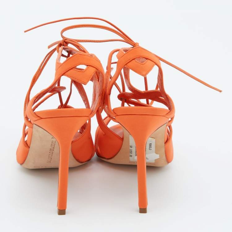 Pre Owned Manolo Blahnik Orange Fabric Cut Out Strappy Sandals Size 37