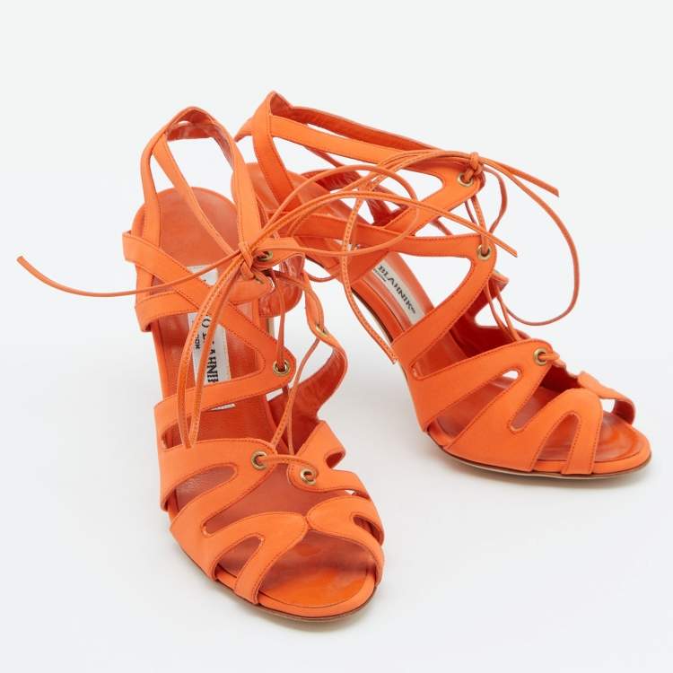 Pre Owned Manolo Blahnik Orange Fabric Cut Out Strappy Sandals Size 37