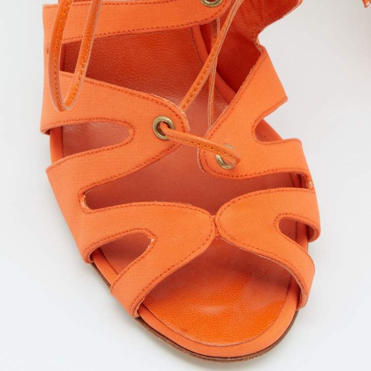 Pre Owned Manolo Blahnik Orange Fabric Cut Out Strappy Sandals Size 37