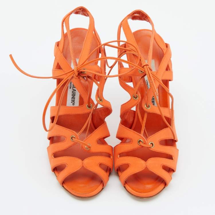 Pre Owned Manolo Blahnik Orange Fabric Cut Out Strappy Sandals Size 37
