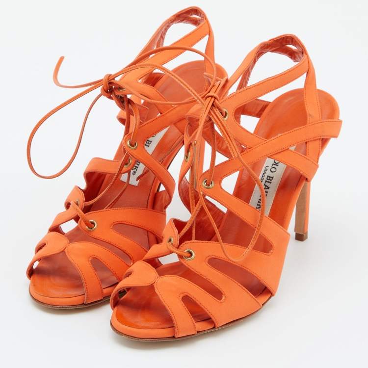 Pre Owned Manolo Blahnik Orange Fabric Cut Out Strappy Sandals Size 37