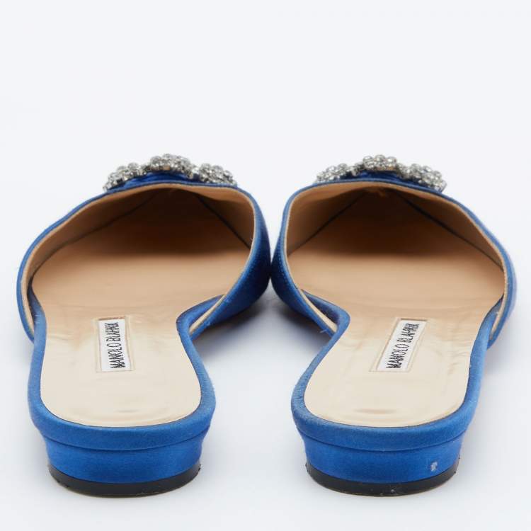 Pre Owned Manolo Blahnik Blue Satin Hangisi Flat Mules Size 38