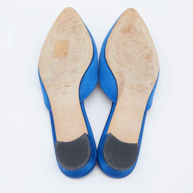 Pre Owned Manolo Blahnik Blue Satin Hangisi Flat Mules Size 38