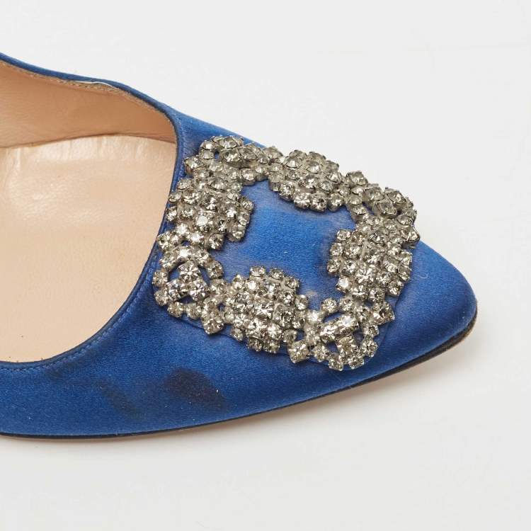 Pre Owned Manolo Blahnik Blue Satin Hangisi Crystal Embellished Pumps Size 38.5