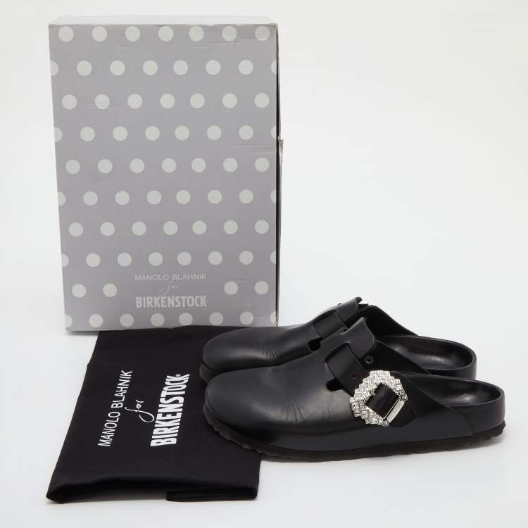 Pre Owned Manolo Blahnik X Birkenstock Black Leather Crystals Boston Mules Size 38