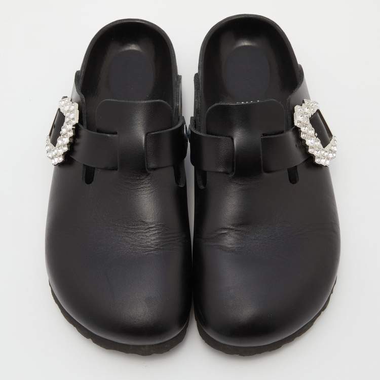 Pre Owned Manolo Blahnik X Birkenstock Black Leather Crystals Boston Mules Size 38