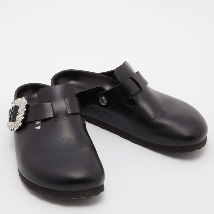 Pre Owned Manolo Blahnik X Birkenstock Black Leather Crystals Boston Mules Size 38