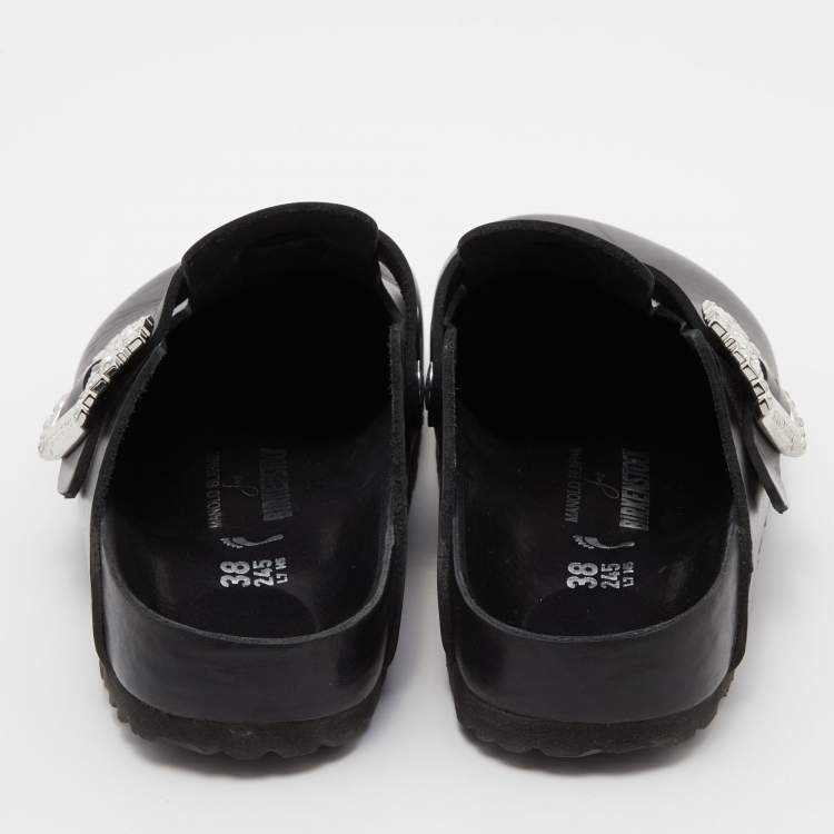 Pre Owned Manolo Blahnik X Birkenstock Black Leather Crystals Boston Mules Size 38