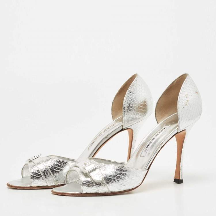 Pre Owned Manolo Blahnik Silver Python Embossed Leather D'Orsay Pumps Size 40