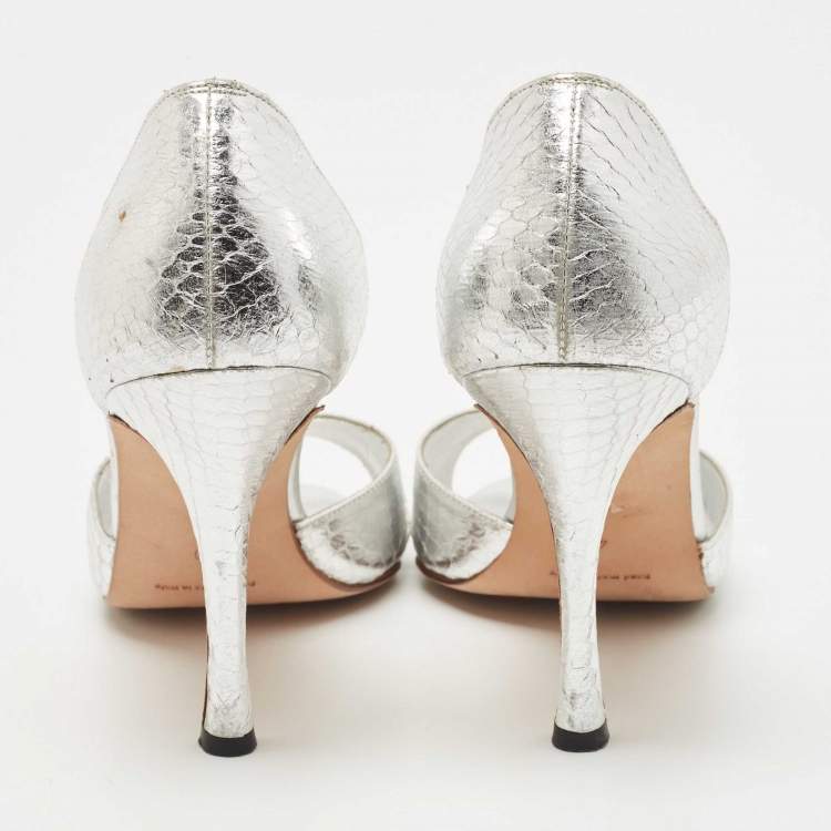 Pre Owned Manolo Blahnik Silver Python Embossed Leather D'Orsay Pumps Size 40