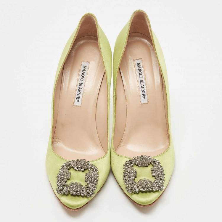 Pre Owned Manolo Blahnik Green Satin Hangisi Pumps Size 40.5