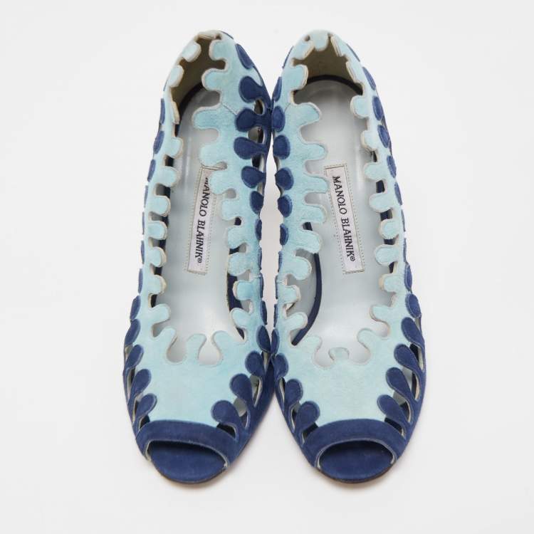 Pre Owned Manolo Blahnik Blue Suede Cut Out Peep Toe Pumps Size 40.5
