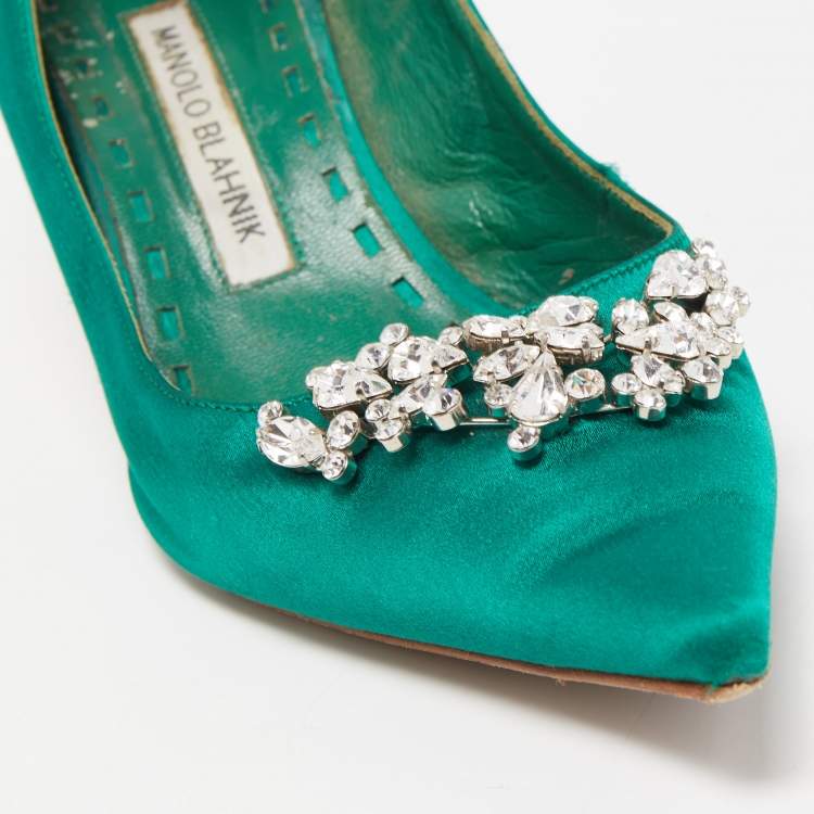 Pre Owned Manolo Blahnik Green Satin Crystal Embellished Pumps Size 37.5