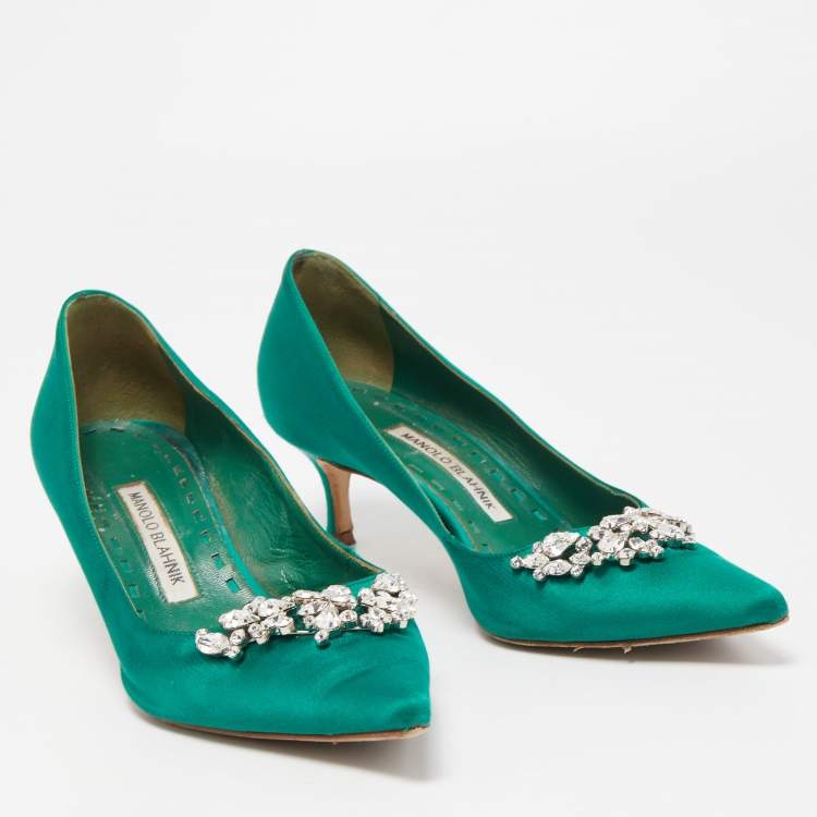 Pre Owned Manolo Blahnik Green Satin Crystal Embellished Pumps Size 37.5