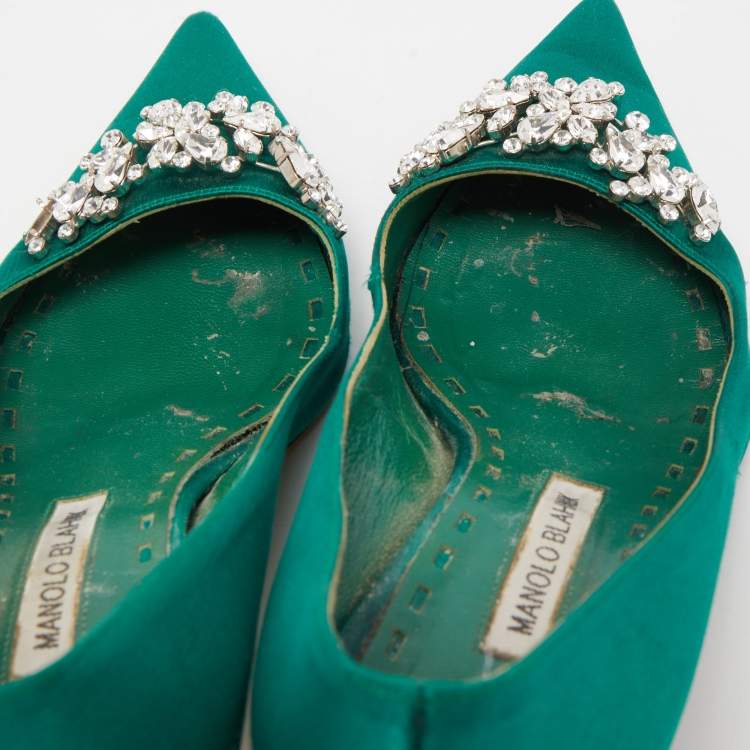 Pre Owned Manolo Blahnik Green Satin Crystal Embellished Pumps Size 37.5