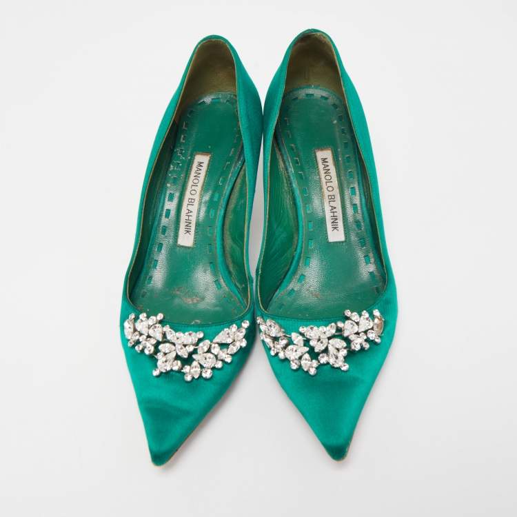 Pre Owned Manolo Blahnik Green Satin Crystal Embellished Pumps Size 37.5