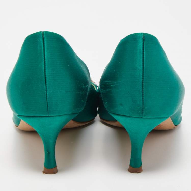 Pre Owned Manolo Blahnik Green Satin Crystal Embellished Pumps Size 37.5