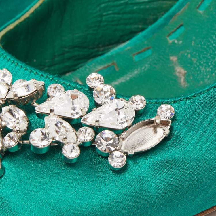 Pre Owned Manolo Blahnik Green Satin Crystal Embellished Pumps Size 37.5