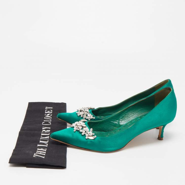 Pre Owned Manolo Blahnik Green Satin Crystal Embellished Pumps Size 37.5