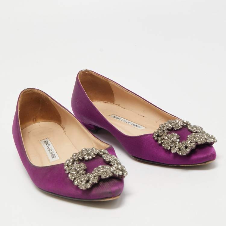 Pre Owned Manolo Blahnik Purple Satin Hangisi Ballet Flats Size 35