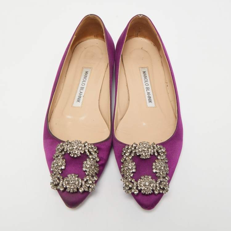 Pre Owned Manolo Blahnik Purple Satin Hangisi Ballet Flats Size 35
