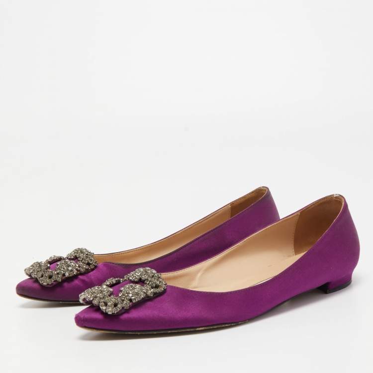 Pre Owned Manolo Blahnik Purple Satin Hangisi Ballet Flats Size 35
