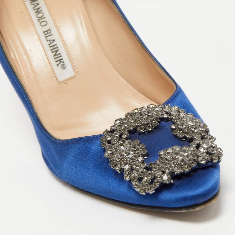 Pre Owned Manolo Blahnik Blue Satin Hangisi Crystal Embellished Pumps Size 35.5