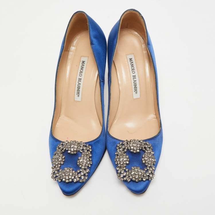 Pre Owned Manolo Blahnik Blue Satin Hangisi Crystal Embellished Pumps Size 35.5