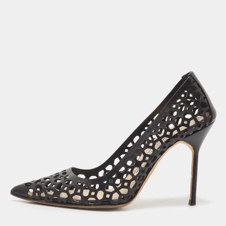 Pre Owned Manolo Blahnik Black Laser Cut Leather BB Laserato Pumps Size  35.5