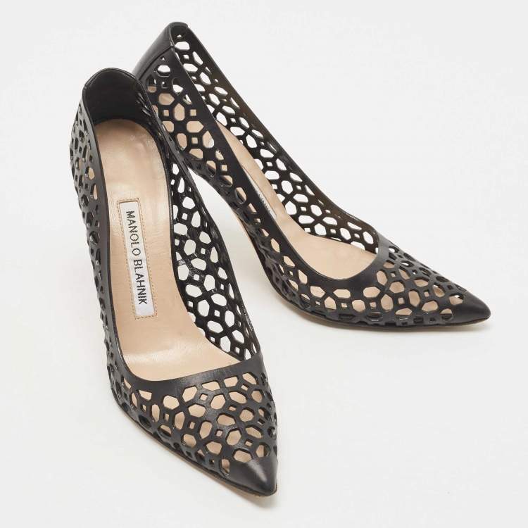 Pre Owned Manolo Blahnik Black Laser Cut Leather BB Laserato Pumps Size  35.5