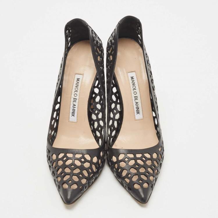Pre Owned Manolo Blahnik Black Laser Cut Leather BB Laserato Pumps Size  35.5