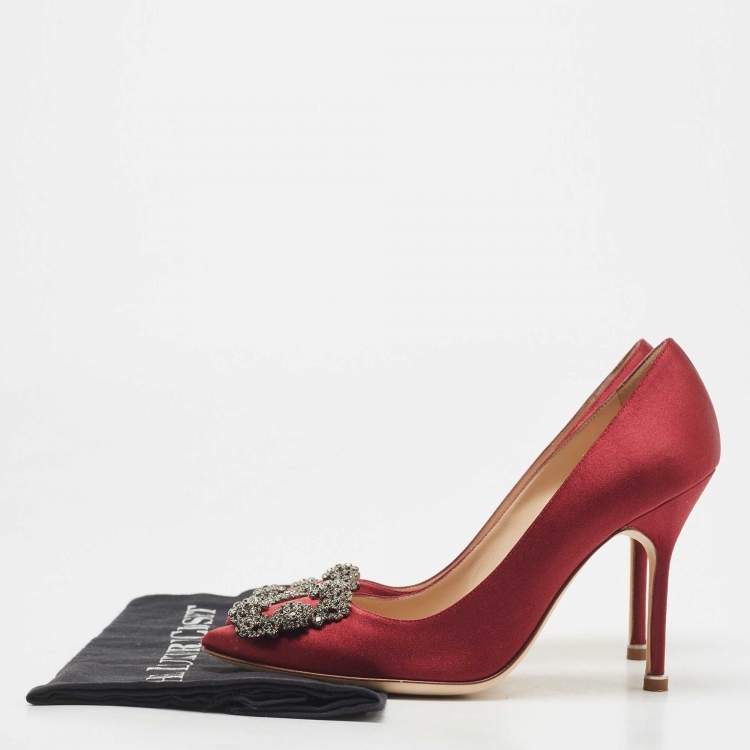 Pre Owned Manolo Blahnik Burgundy Satin Hangisi Pumps Size 36.5