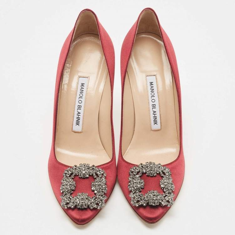 Pre Owned Manolo Blahnik Burgundy Satin Hangisi Pumps Size 36.5
