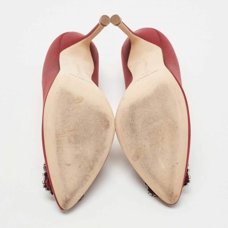 Pre Owned Manolo Blahnik Burgundy Satin Hangisi Pumps Size 36.5