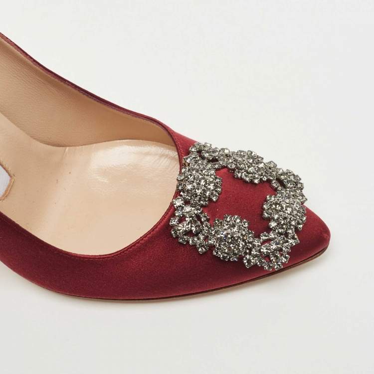 Pre Owned Manolo Blahnik Burgundy Satin Hangisi Pumps Size 36.5