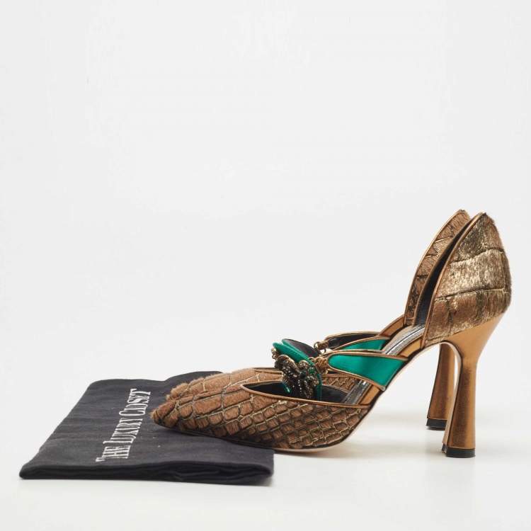 Pre Owned Manolo Blahnik Brown/Green Calf Hair and Satin Crystal Embellished D'orsay Pointed Toe Pumps Size 36