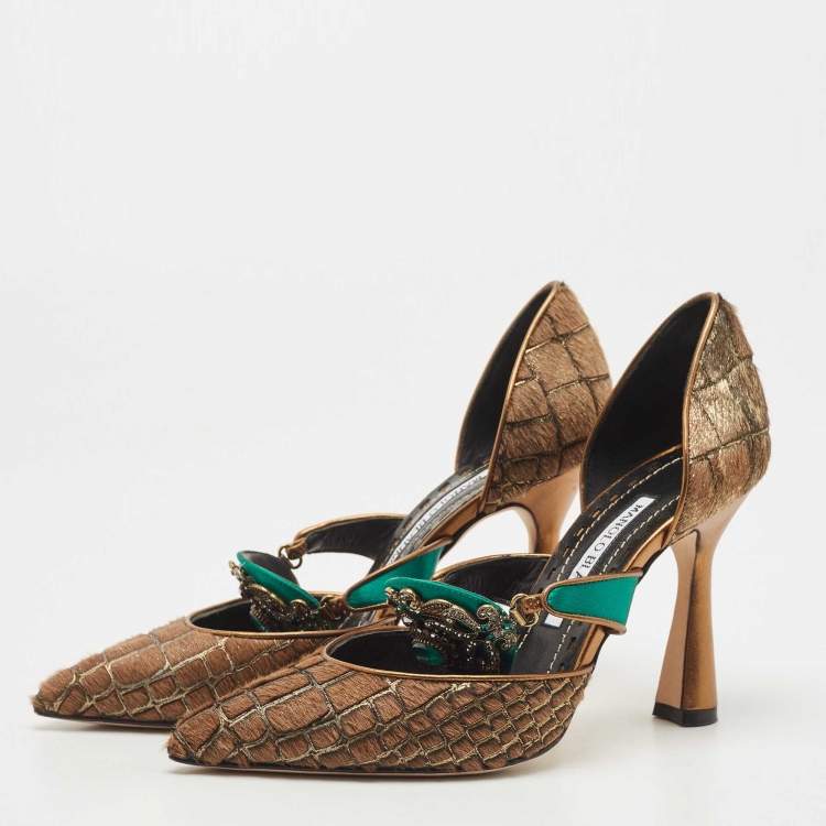 Pre Owned Manolo Blahnik Brown/Green Calf Hair and Satin Crystal Embellished D'orsay Pointed Toe Pumps Size 36