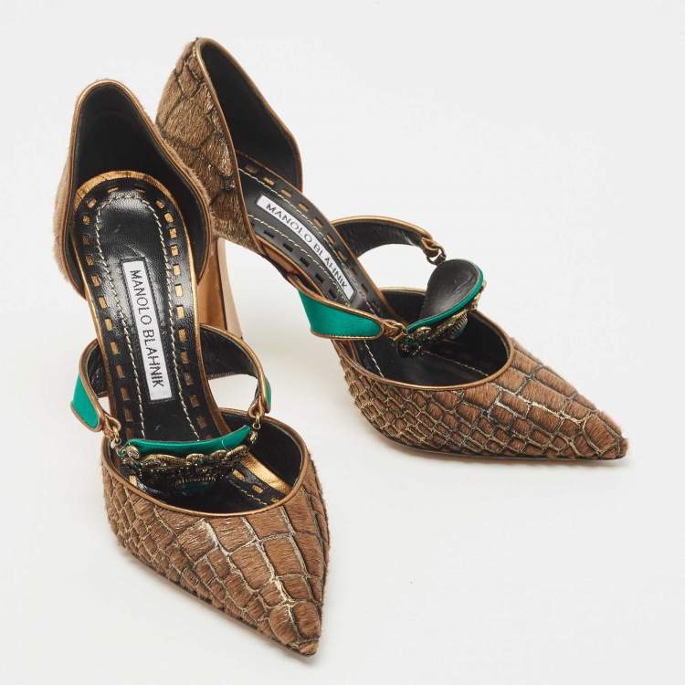 Pre Owned Manolo Blahnik Brown/Green Calf Hair and Satin Crystal Embellished D'orsay Pointed Toe Pumps Size 36