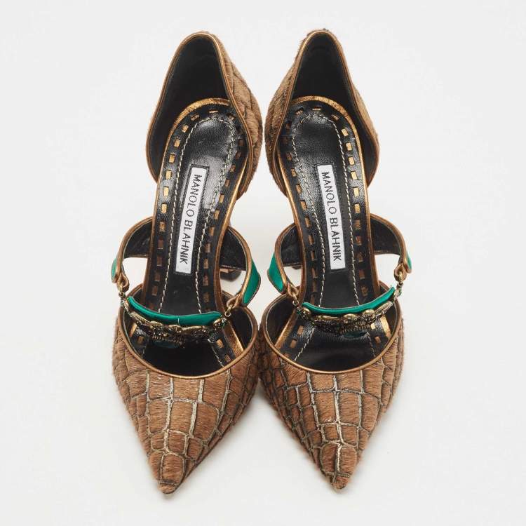 Pre Owned Manolo Blahnik Brown/Green Calf Hair and Satin Crystal Embellished D'orsay Pointed Toe Pumps Size 36