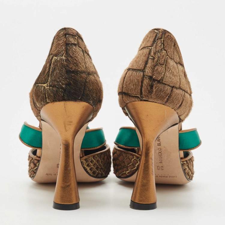Pre Owned Manolo Blahnik Brown/Green Calf Hair and Satin Crystal Embellished D'orsay Pointed Toe Pumps Size 36