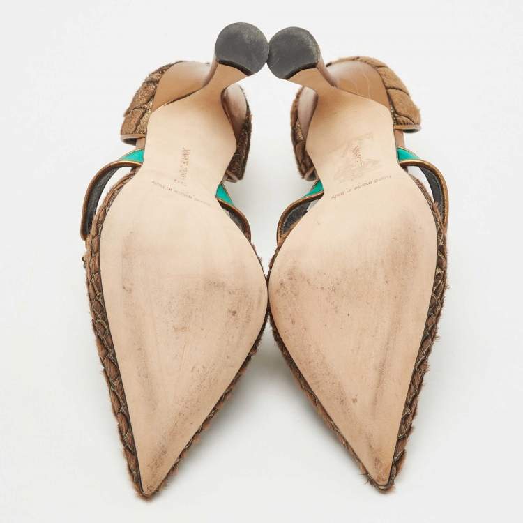 Pre Owned Manolo Blahnik Brown/Green Calf Hair and Satin Crystal Embellished D'orsay Pointed Toe Pumps Size 36