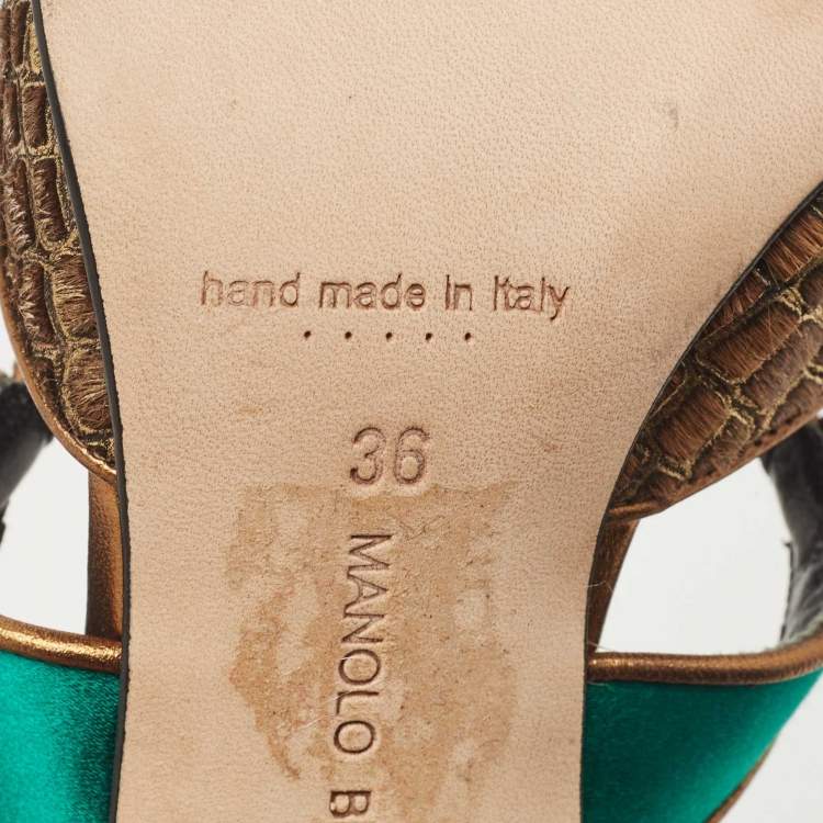 Pre Owned Manolo Blahnik Brown/Green Calf Hair and Satin Crystal Embellished D'orsay Pointed Toe Pumps Size 36