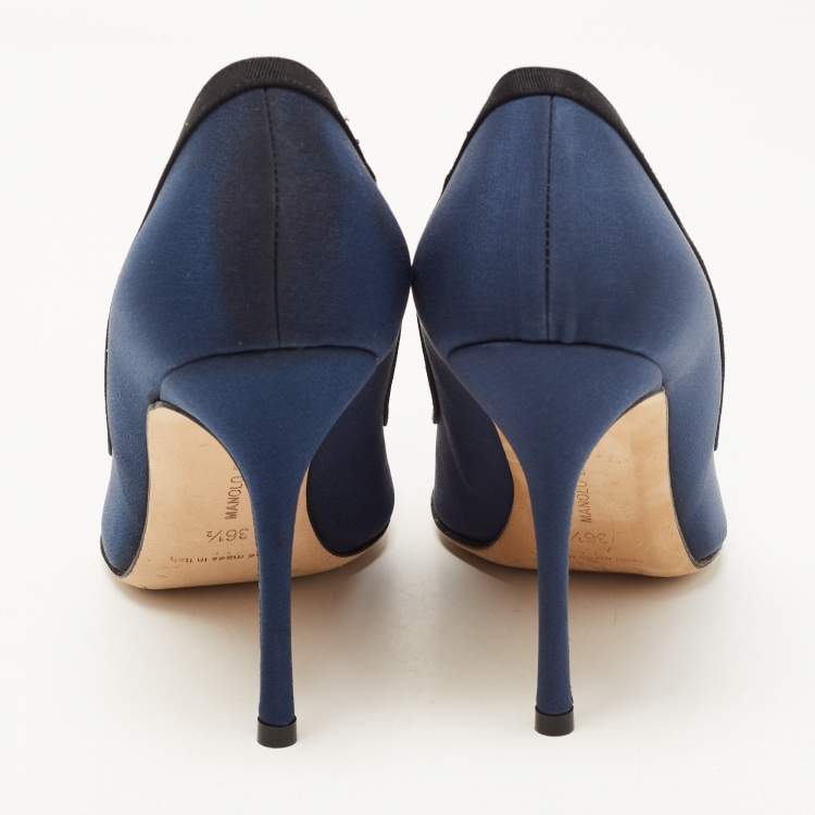 Pre Owned Manolo Blahnik Blue Fabric Gotrian Crystal Embellished Pointed Toe Pumps Size 36.5