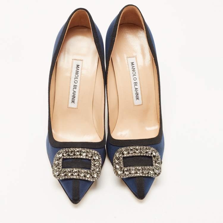 Pre Owned Manolo Blahnik Blue Fabric Gotrian Crystal Embellished Pointed Toe Pumps Size 36.5