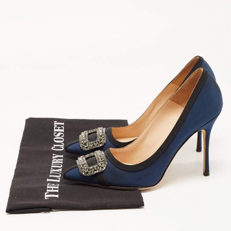 Pre Owned Manolo Blahnik Blue Fabric Gotrian Crystal Embellished Pointed Toe Pumps Size 36.5